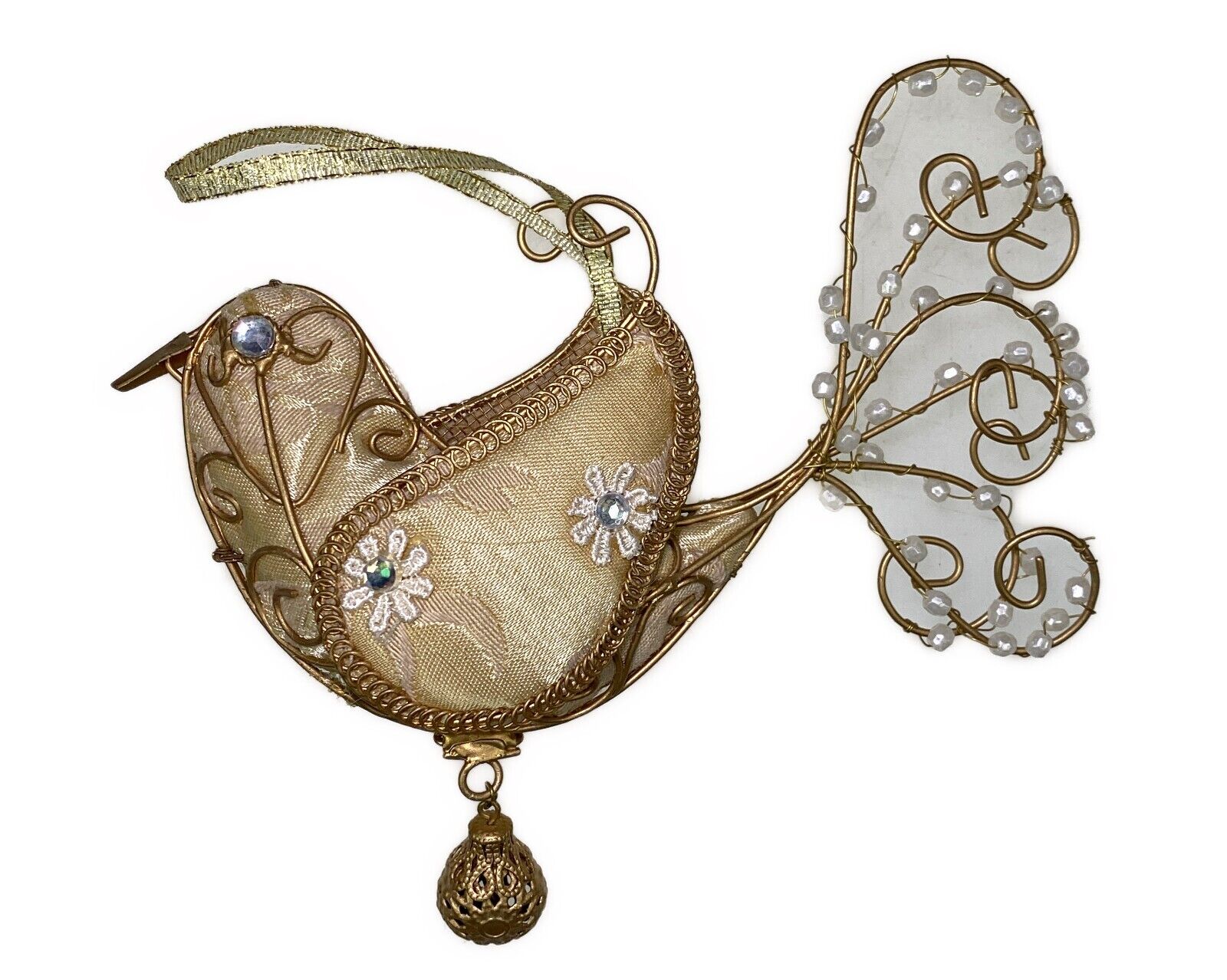 Bird Victorian Christmas Holiday Ornament Golden Wire & Cloth H5”xL6”