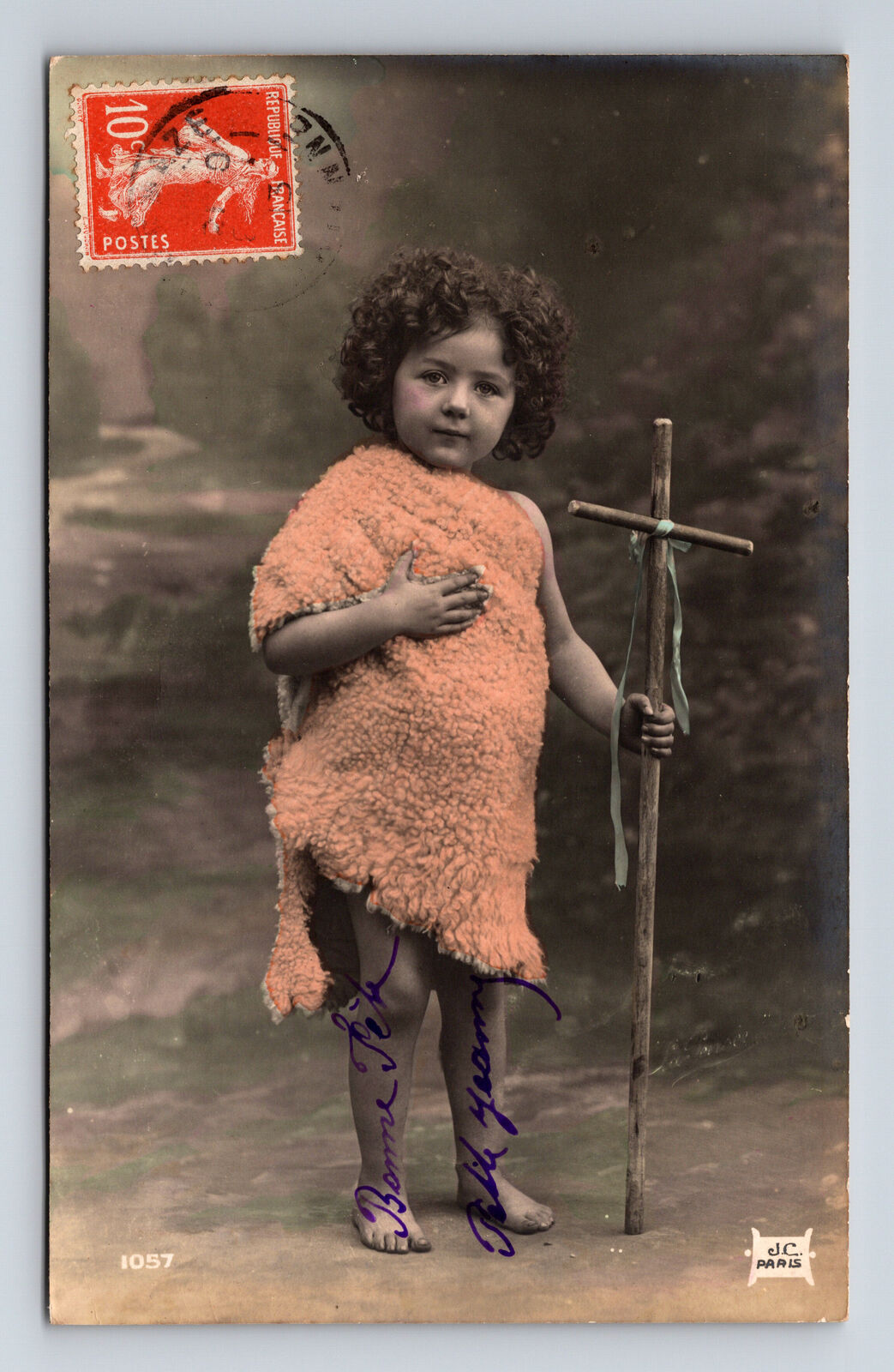 RPPC French Hand Colored Portrait Young Girl Sheepskin Toga Curly Hair Postcard