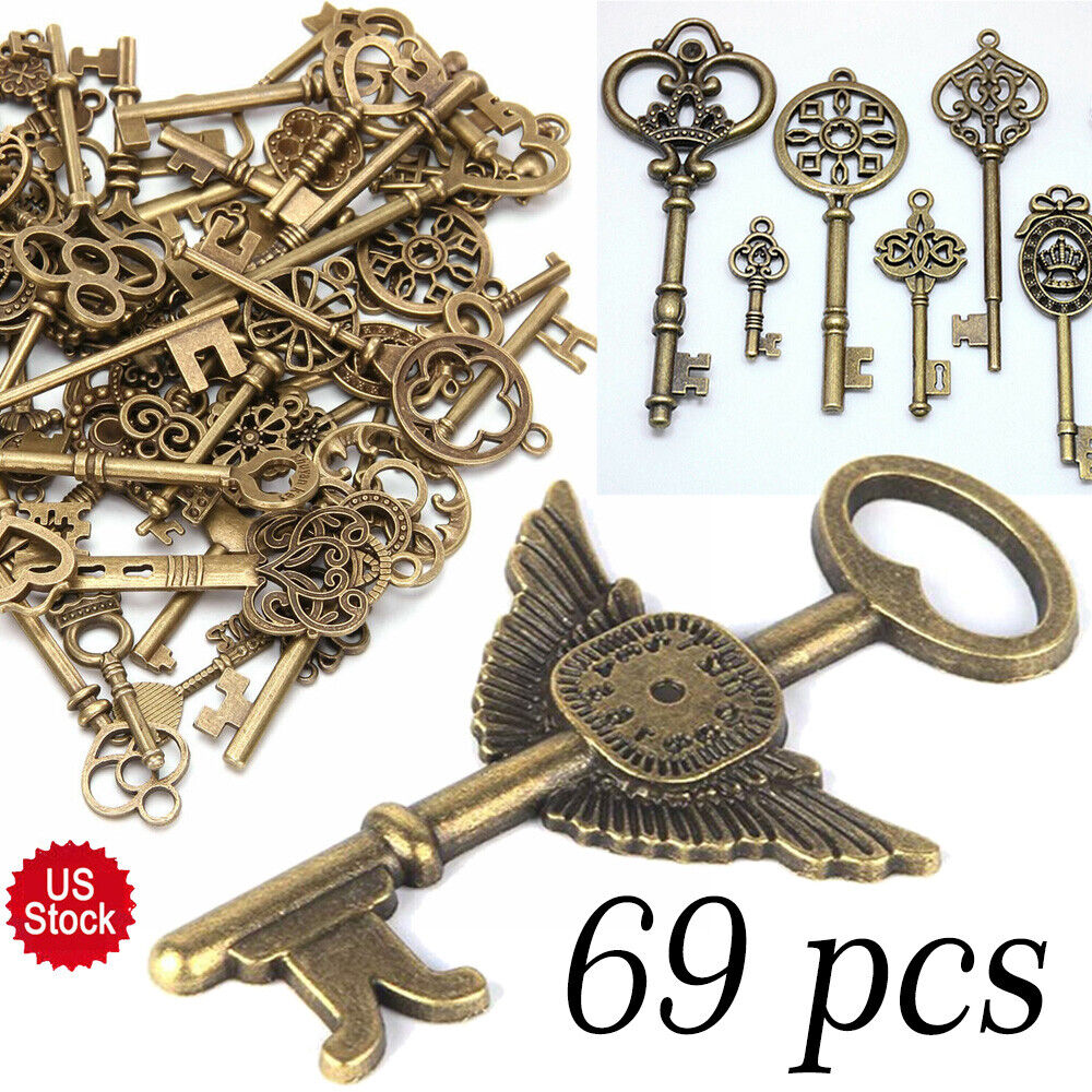 69 Pcs Set Antique Vintage Old Look Ornate Skeleton Key Fancy Heart Bow Decor LZ