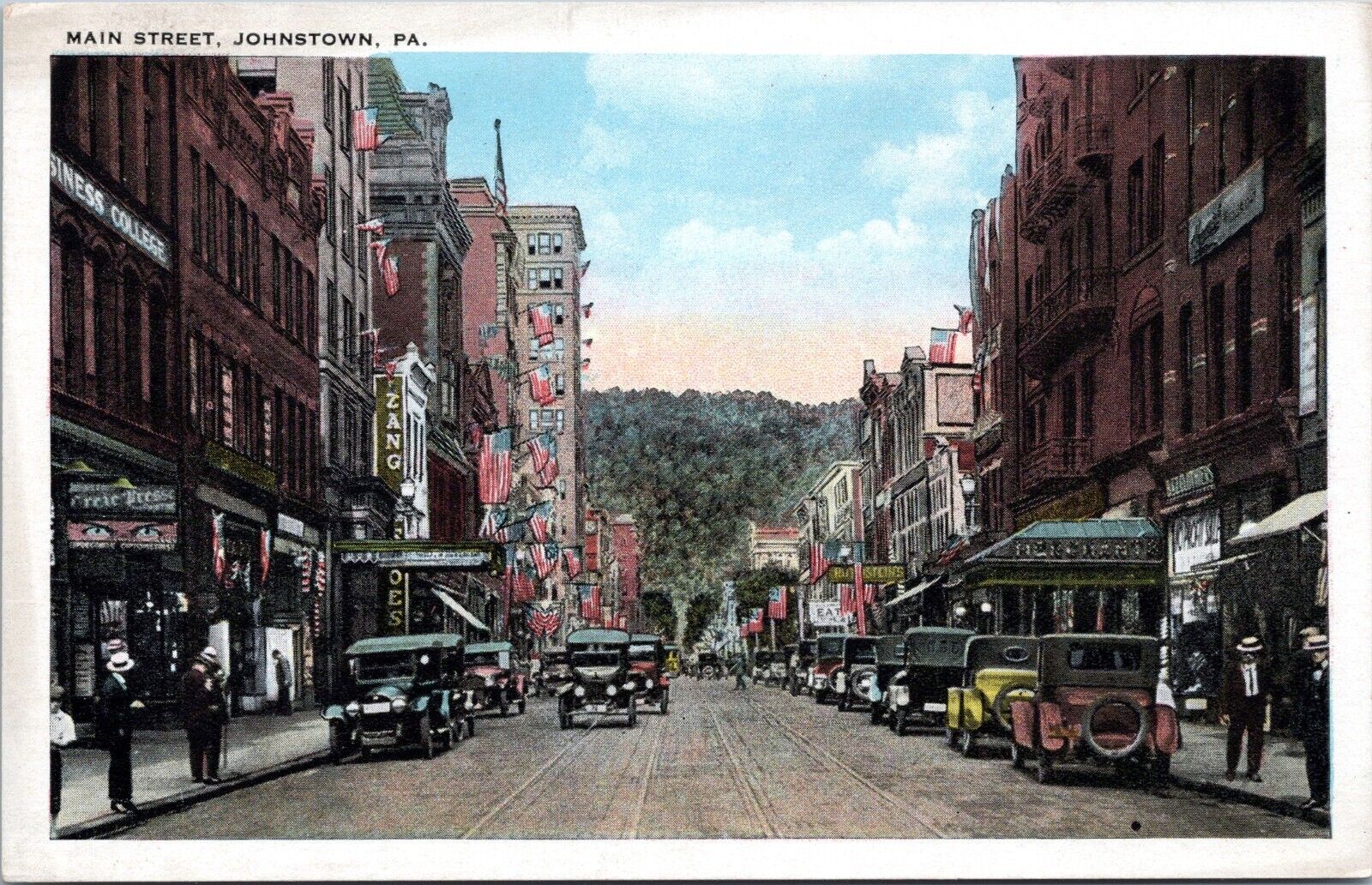 Main Street, Johnstown, Pennsylvania- White Border Postcard - Old Cars c1920s