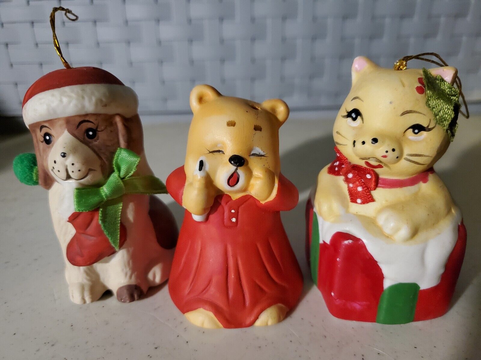 3 Lot Rare Vintage Giftco R.O.C Porceline Bells Ornaments Dog Cat Bear Christmas