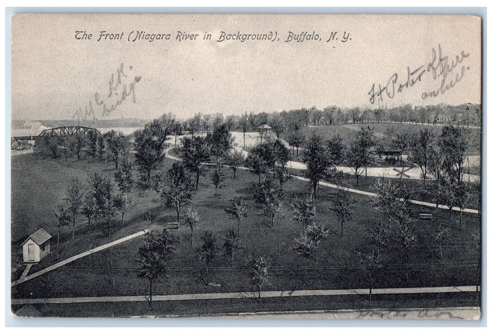 1908 The Front View Niagara River Bridge Road Benches Shed Buffalo NY Postcard