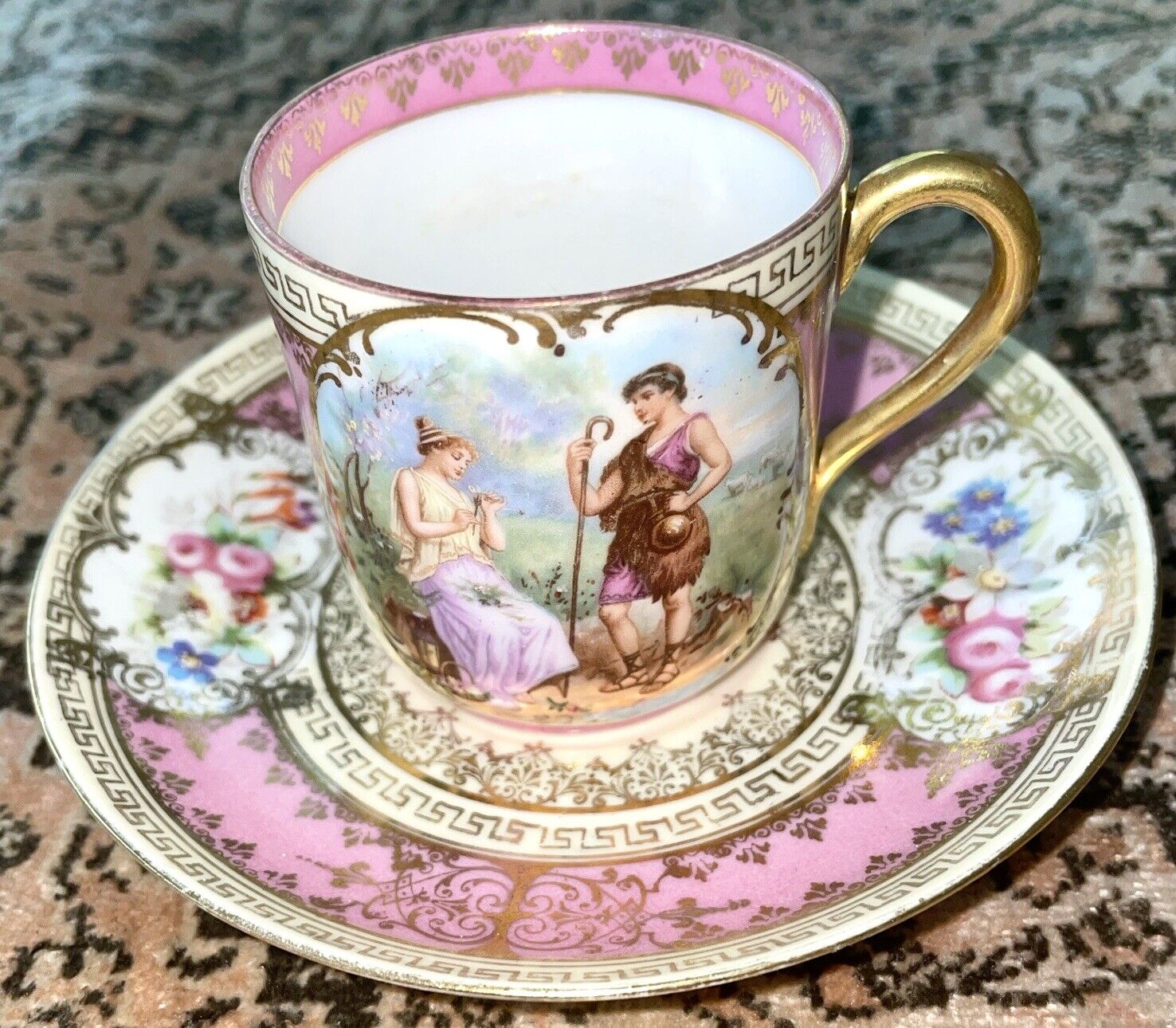 IMPERIAL CROWN CHINA AUSTRIA TEA CUP SAUCER Pink Gold Floral Demitasse