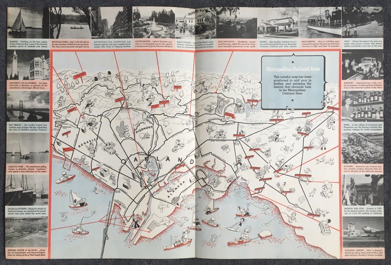 Vintage Metropolitan Oakland Area Pictographic Map Early 1940s Berkeley