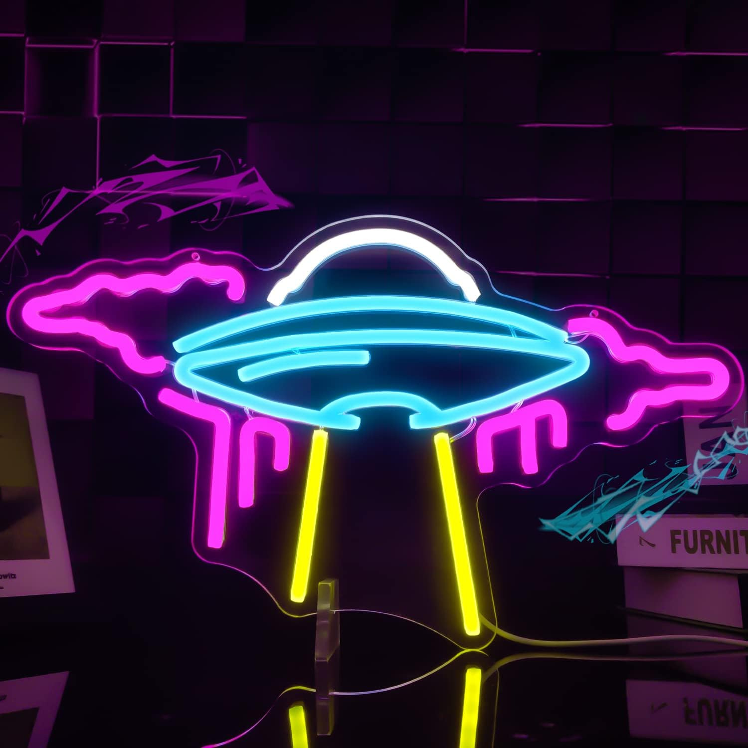 UFO Neon Sign Alien Spaceship LED Neon Lights Dimmable Space Neon Signs for Wall
