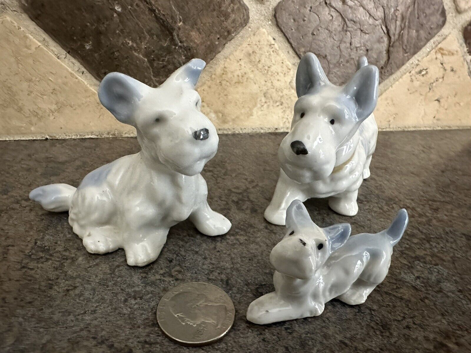 LOT OF 3 VINTAGE CERAMIC DOG FIGURINES MCM Japan Terriers Glossy Porcelain Blue