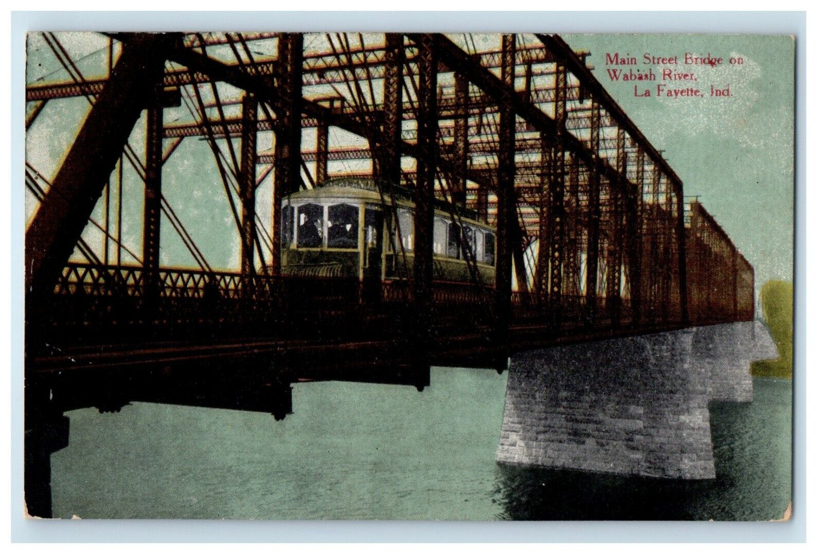 c1910\'s Main Street Bridge Trolley Wabash River La Fayette Indiana IN Postcard