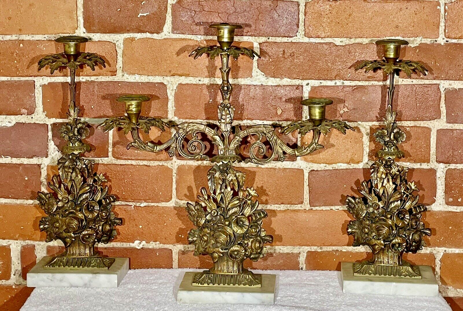 3 Pc Set  Antique Rococo Revival Girandole Candelabras Gilded Brass Marble C1860