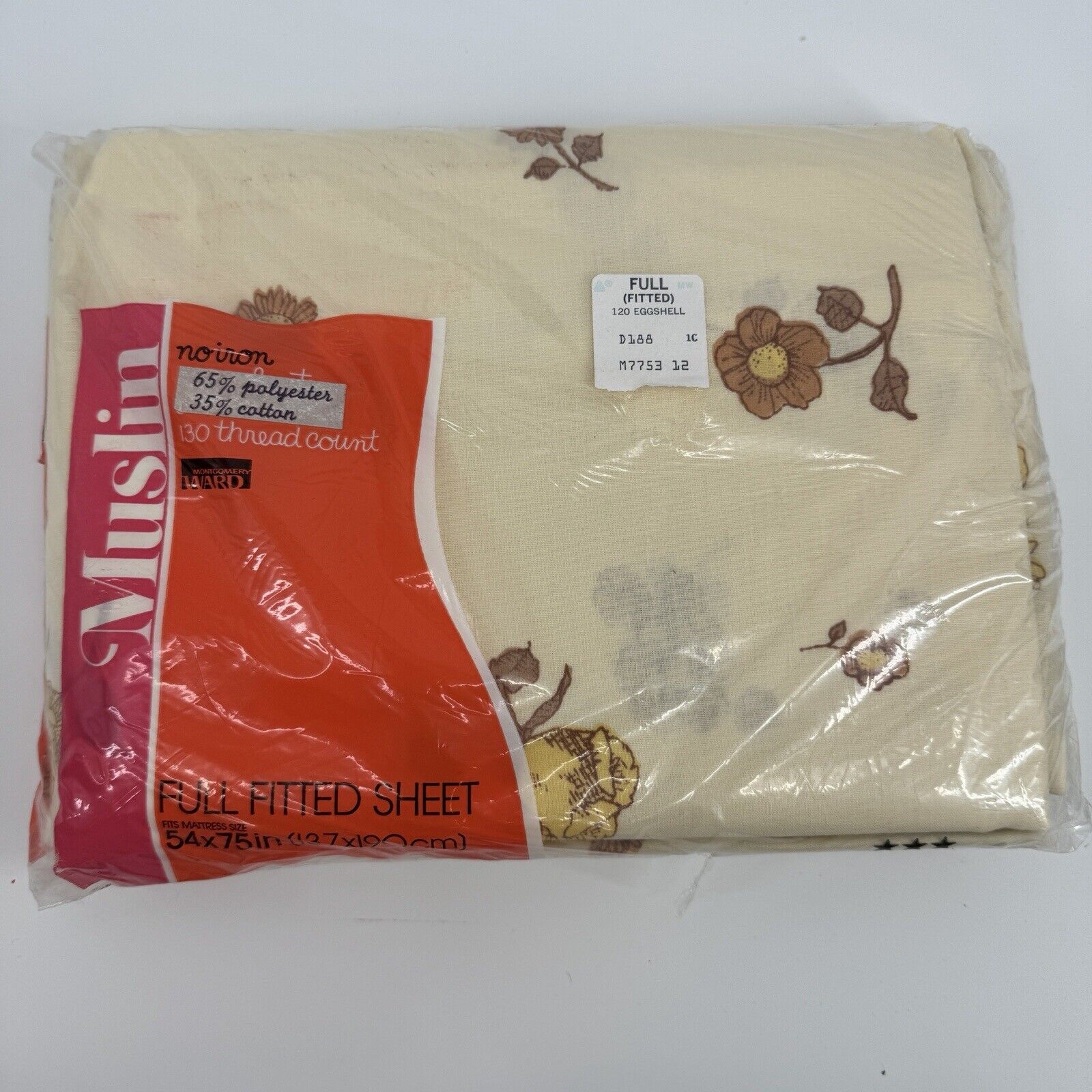 Vintage Montgomery Ward Muslin Eggshell Floral Full Fitted Sheet- NOS  54x75