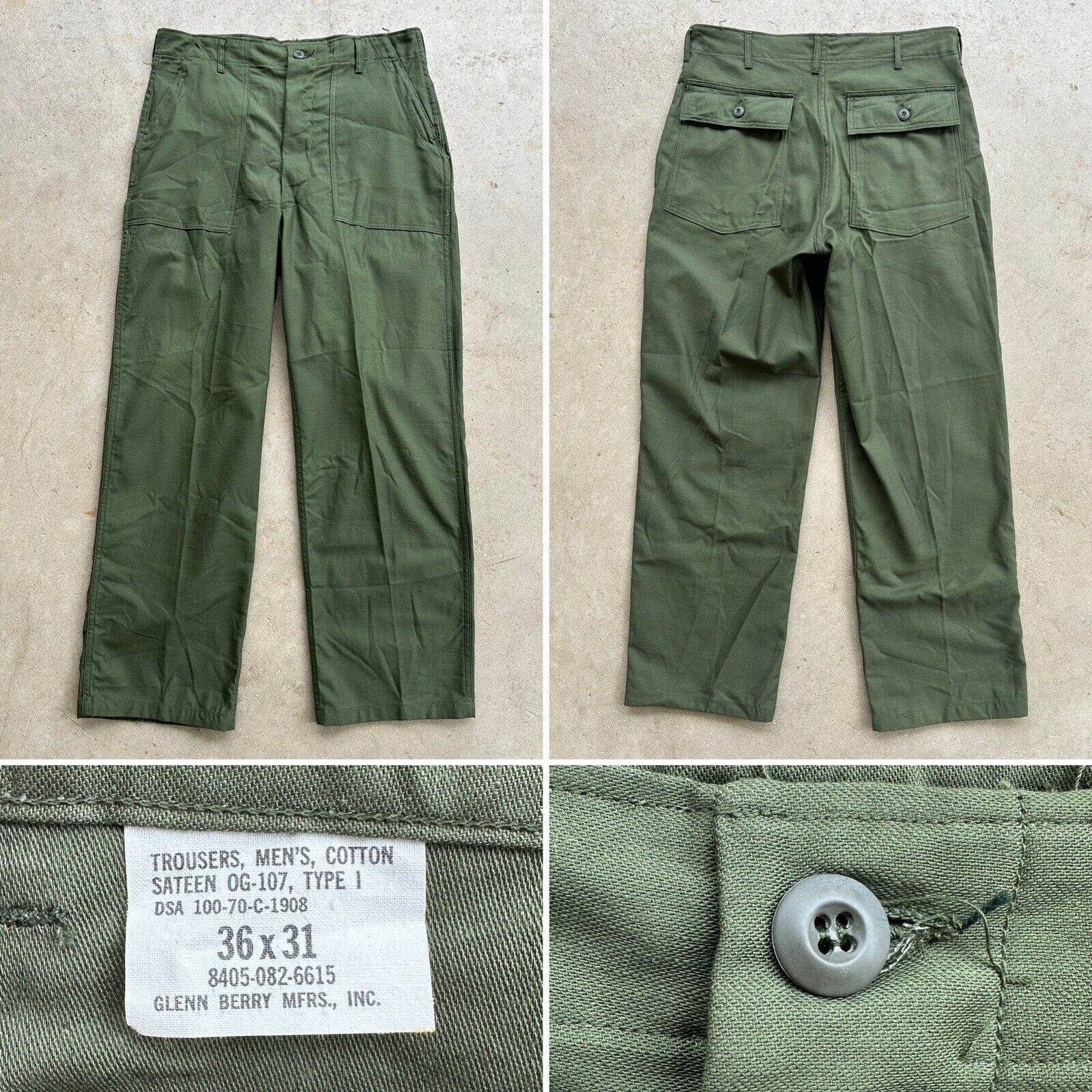 NOS 1970 Vtg US Army Type I OG 107 Cotton Sateen Pants W 35 L 31 Utility 70s