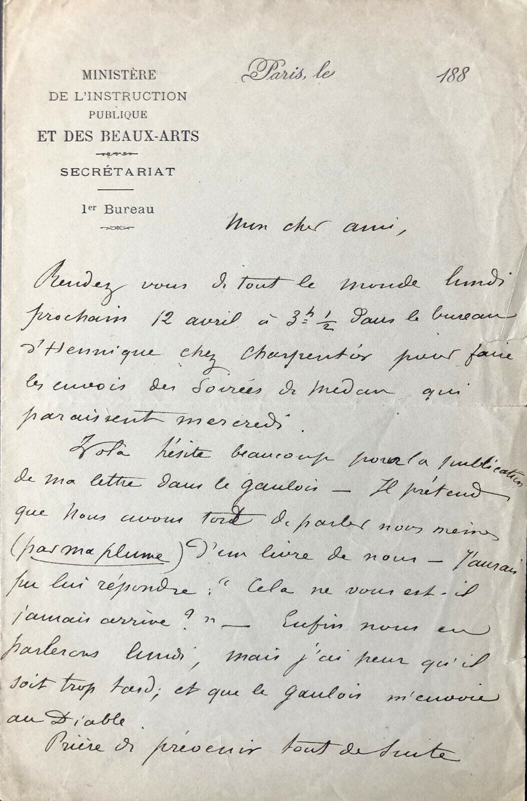 Guy de MAUPASSANT - Important letter relating to the \