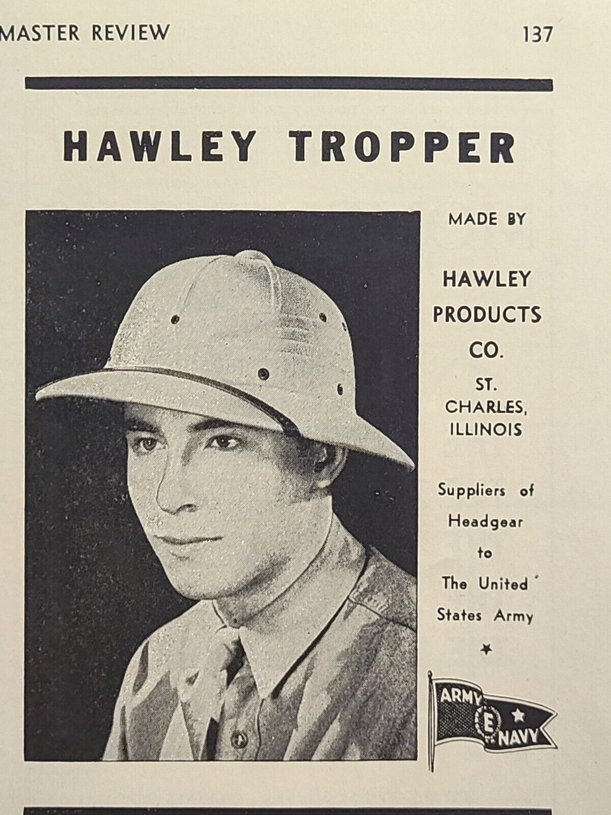 Hawley Tropper Hat St. Charles IL U. S. Army Headgear Vintage Print Ad 1944