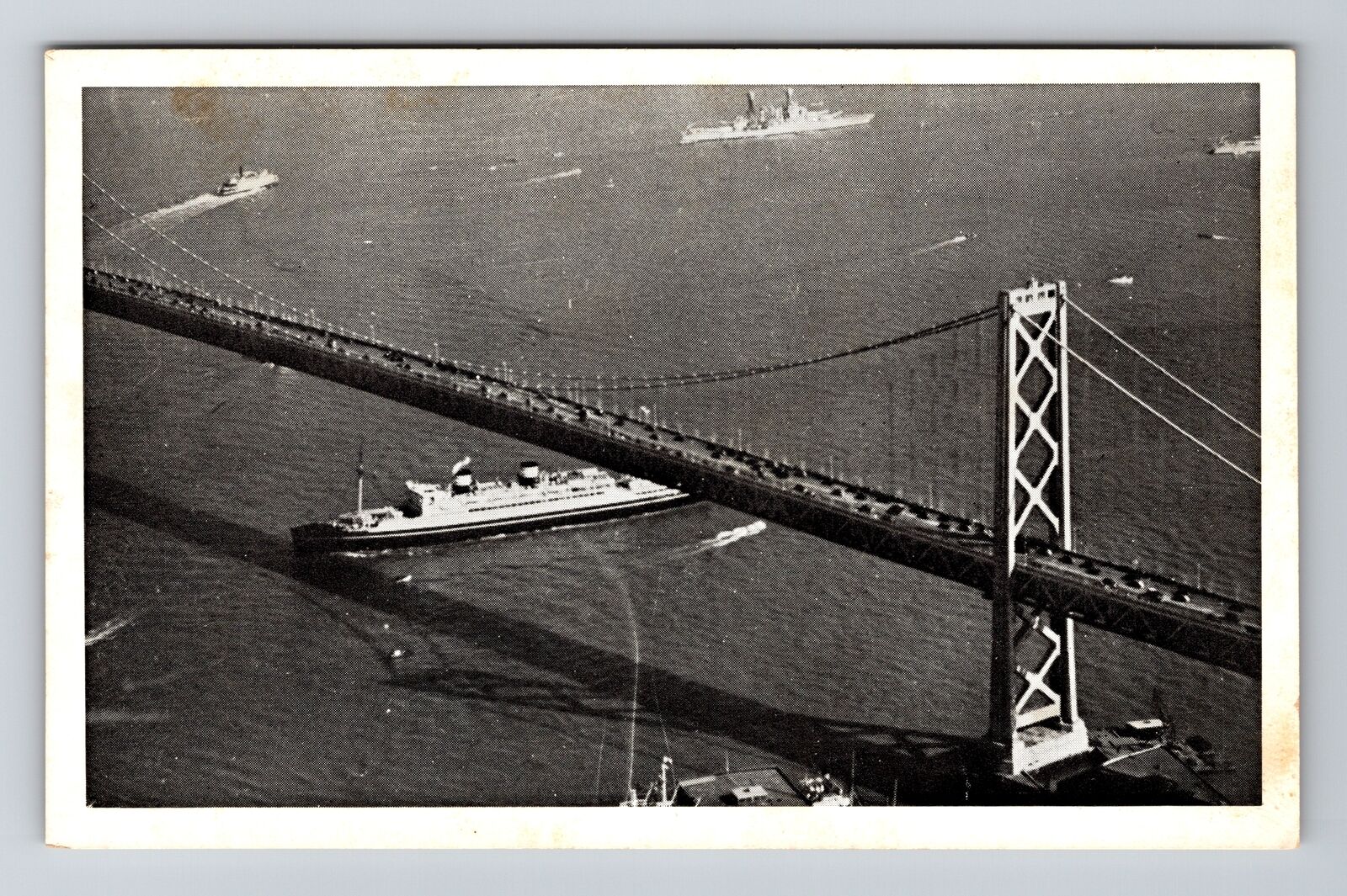 San Francisco CA-California Ship Passing Under OaklBay Bridge Vintage Postcard