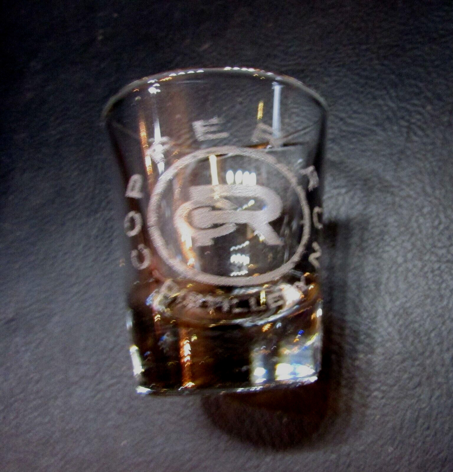 Vintage 1990\'s USA Anchor Hocking Shot Glass Copper Rum Distillery Advertising