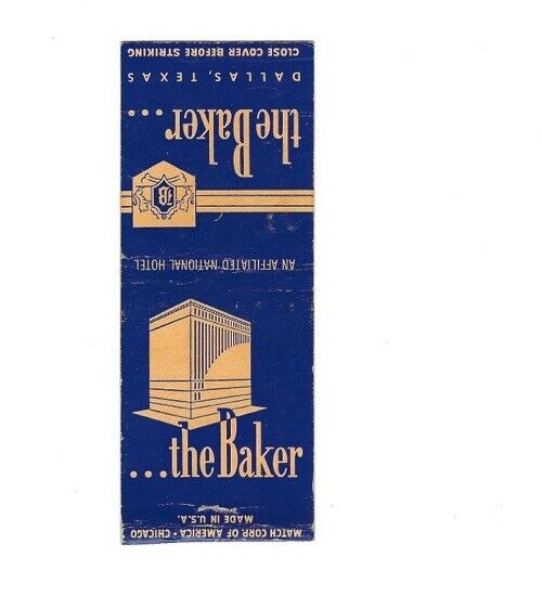 c1940s The Baker Dallas Texas TX Hotel Matchbook Cover