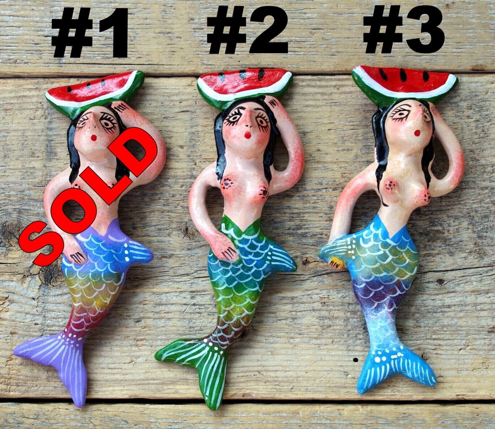 Mermaid Watermelon On Head SOLD SEPARATELY Clay Ornaments Handmade Mexican Folk