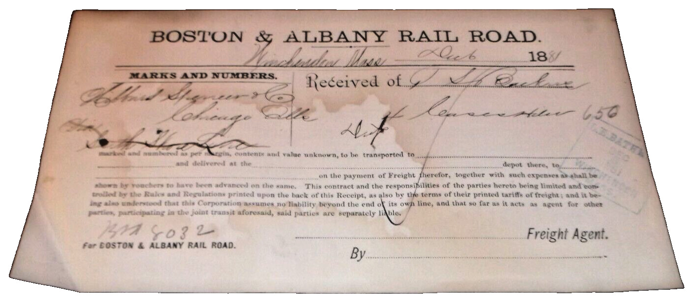 DECEMBER 1881 BOSTON & ALBANY RAILROAD FREIGHT RECEIPT WINCHENDON MASSACHUSSETTS