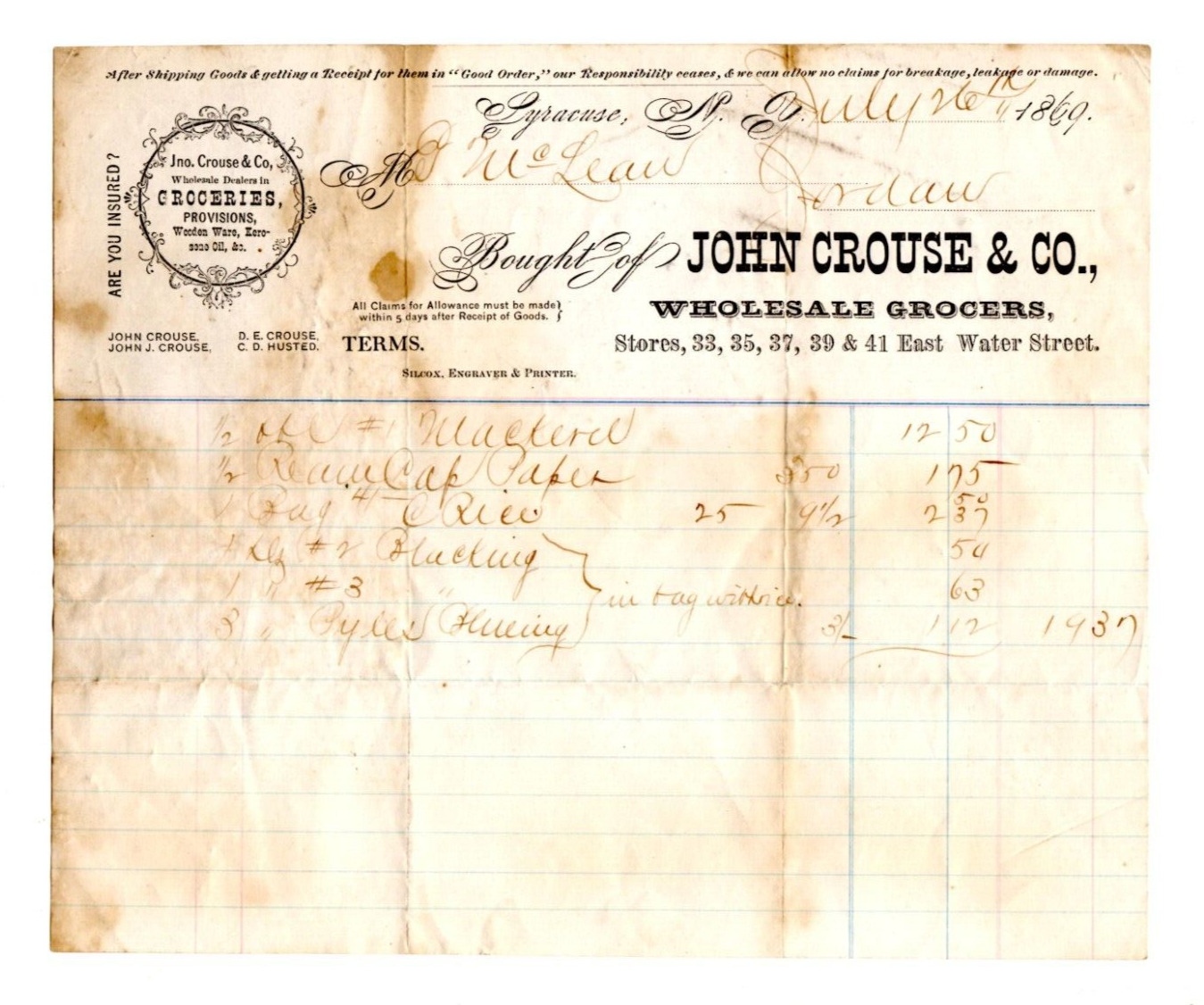 1869 Billhead John Crouse & Co. Grocers E Water St Syracuse N Y to McLean Jordan