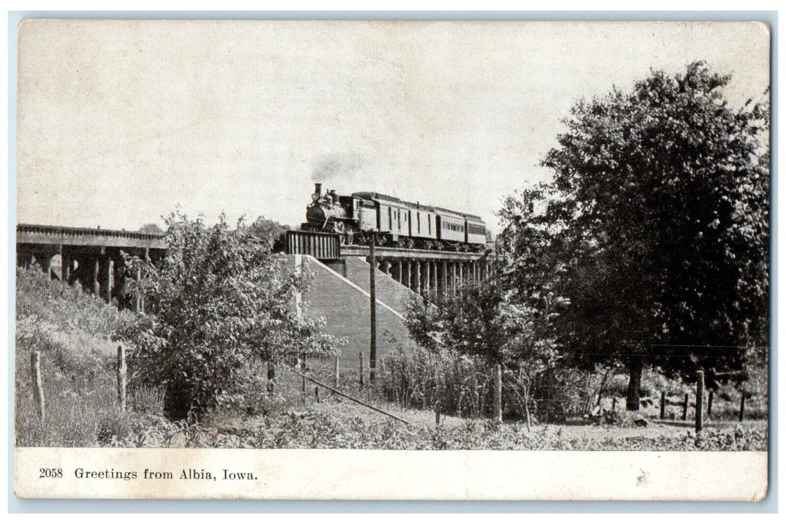 c1910 Greetings From Exterior View Locomotive Train Albia Iowa Vintage Postcard