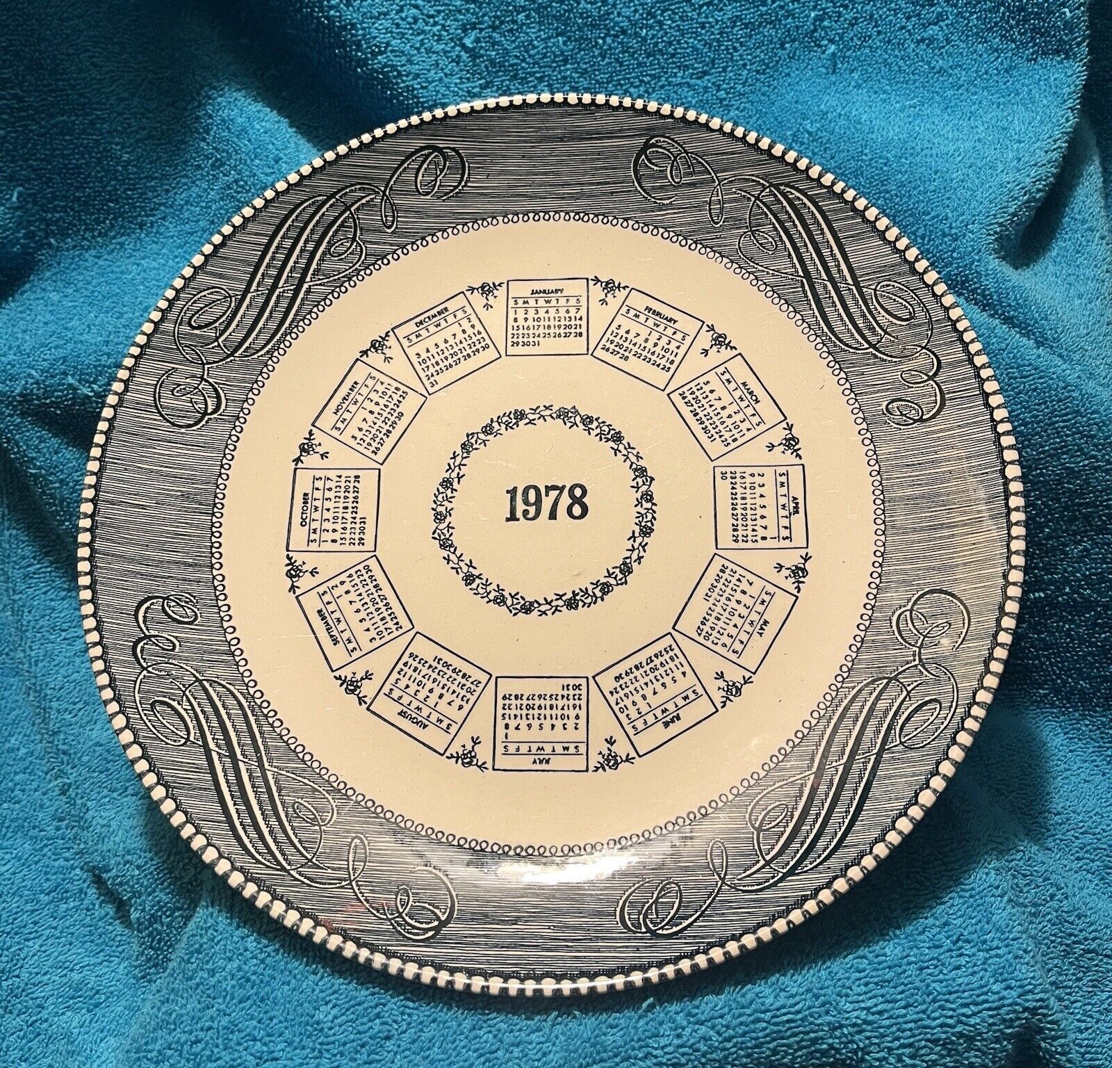 Vintage 1978 Calendar Plate, Blue and White, 10 Inch