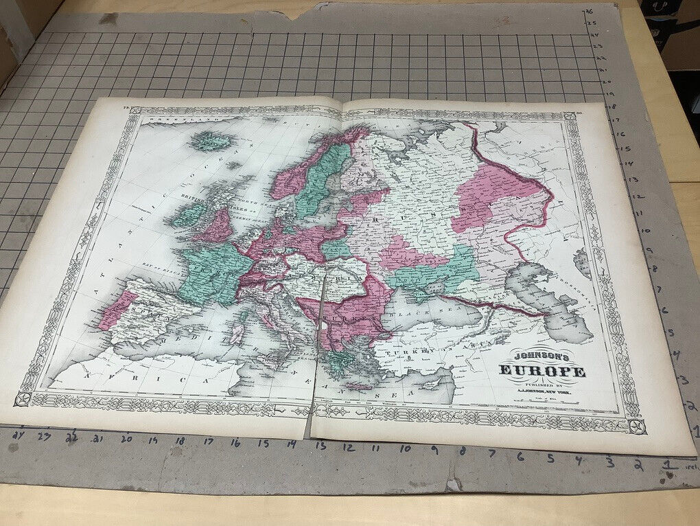 Original 1860\'s EUROPE :-) Antique hand colored JOHNSON\'s MAP 26.5 X 18\