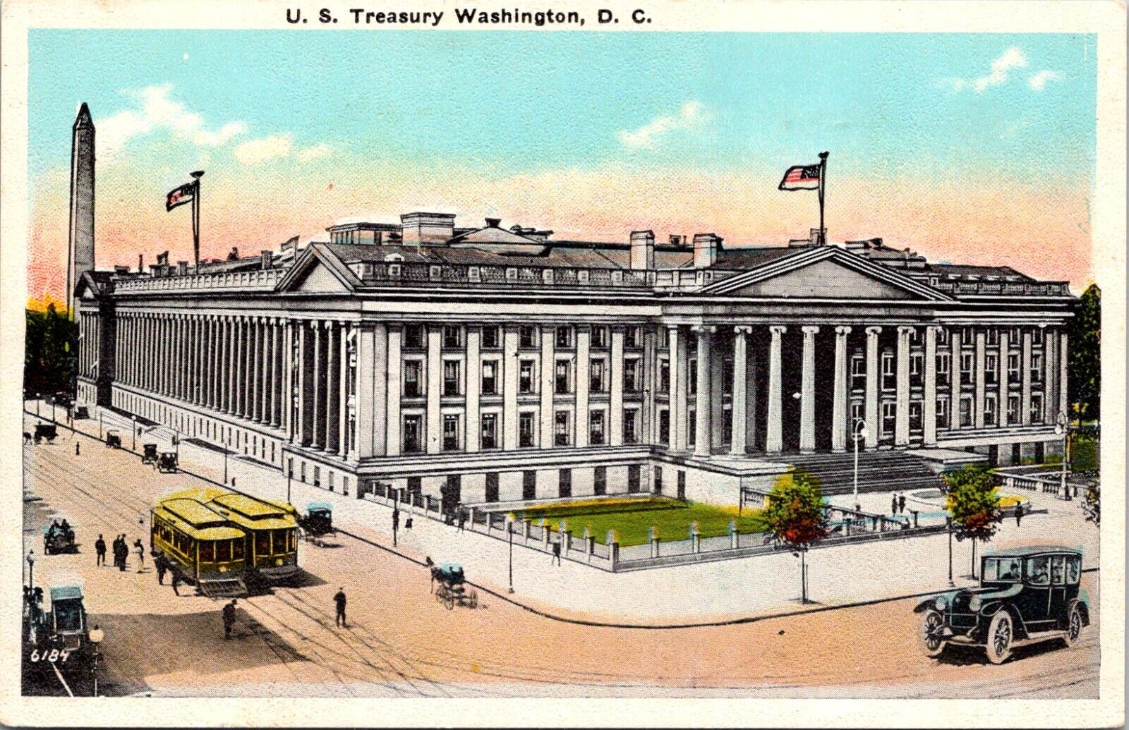 US Treasury-Washington, DC-Trolley-Horse & Buggy-Car-Vintage Postcard