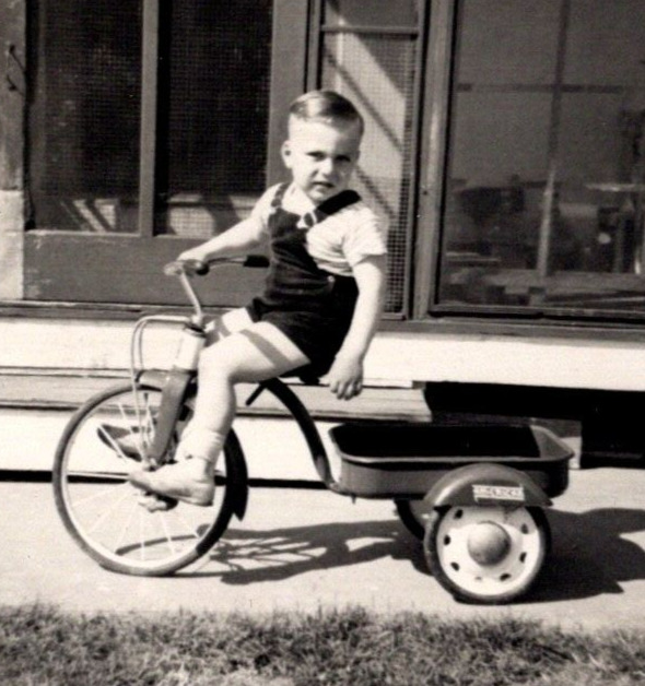 1940\'s 2 BW Vintage Photos Young Boy on Bicycle Tricycle Hettrick Pedal Wagon