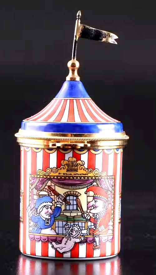 Staffordshire Enamels Punch and Judy Circus Tent Trinket box. 3.5 tall