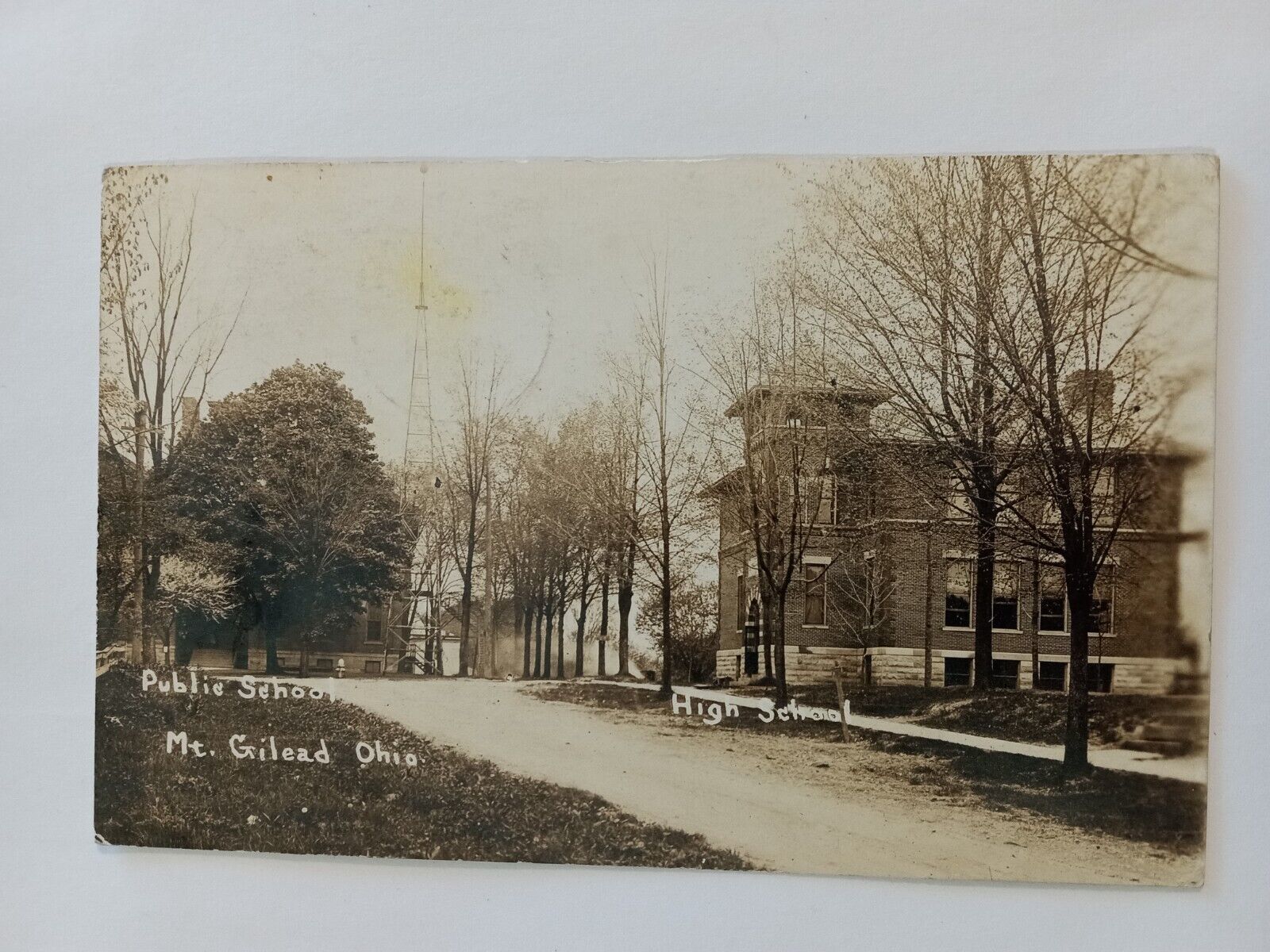 MT GILEAD OHIO OH REAL PHOTO POSTCARD 1910 ERA RPPC PUBLIC + HIGH SCHOOL