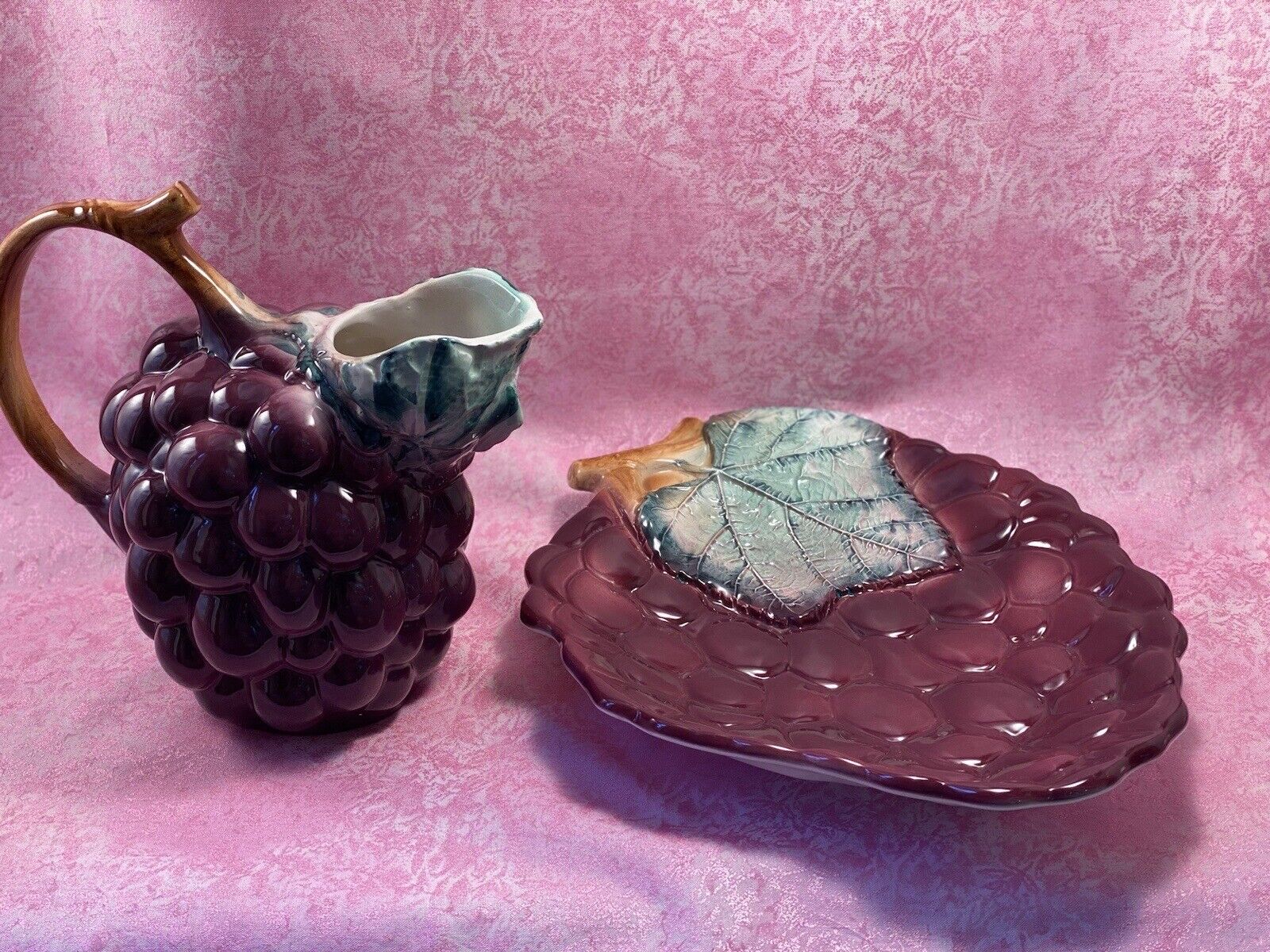Vintage Grape Pitcher Ancora Made In Italy Ceramic Pitcher Grape Plate Glassware