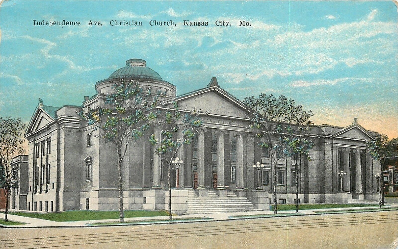 Kansas City MO Pruned Trees @ Christian Church on Independence Ave~1914 Postcard