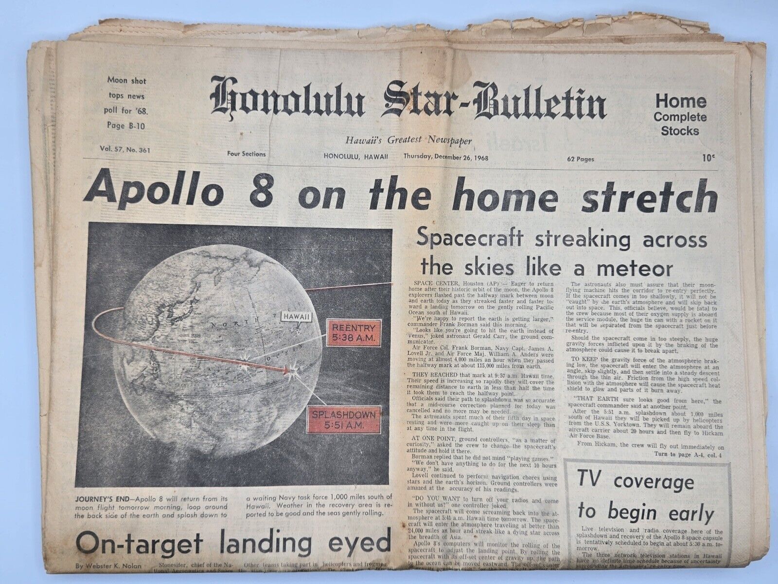 Honolulu Star-Bulletin Apollo 8 on the Home Stretch Newspaper December 26, 1968