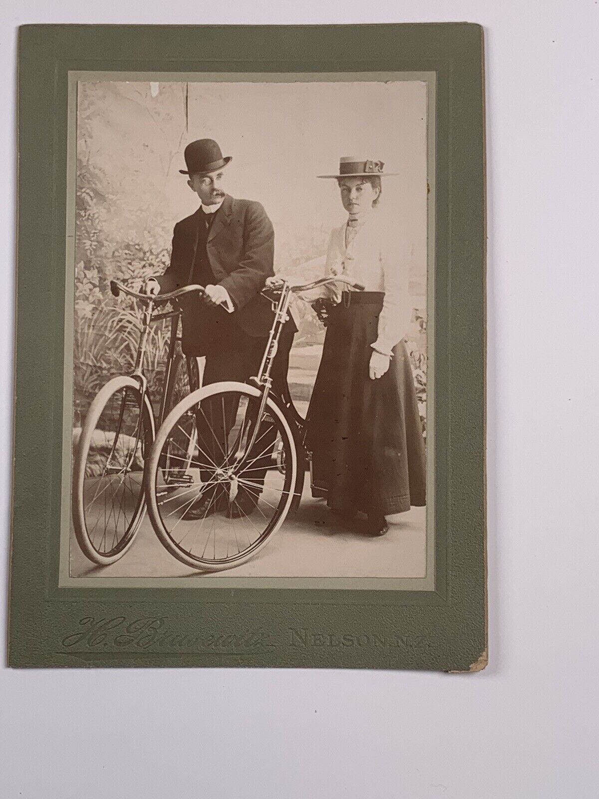 Antique Cabinet Photo Man + Woman Next To Bicycles Brusewitz Nelson NZ