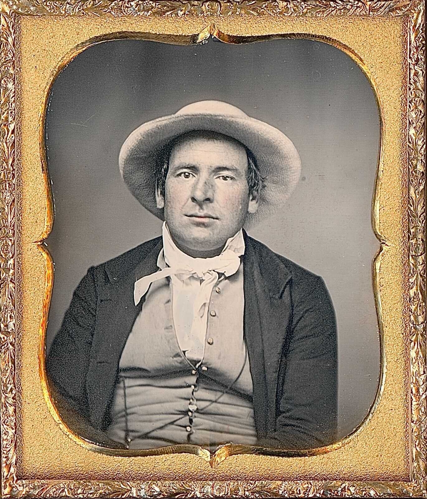 Gentleman Wearing Straw Hat Freckles Tinted Face 1/6 Plate Daguerreotype T307