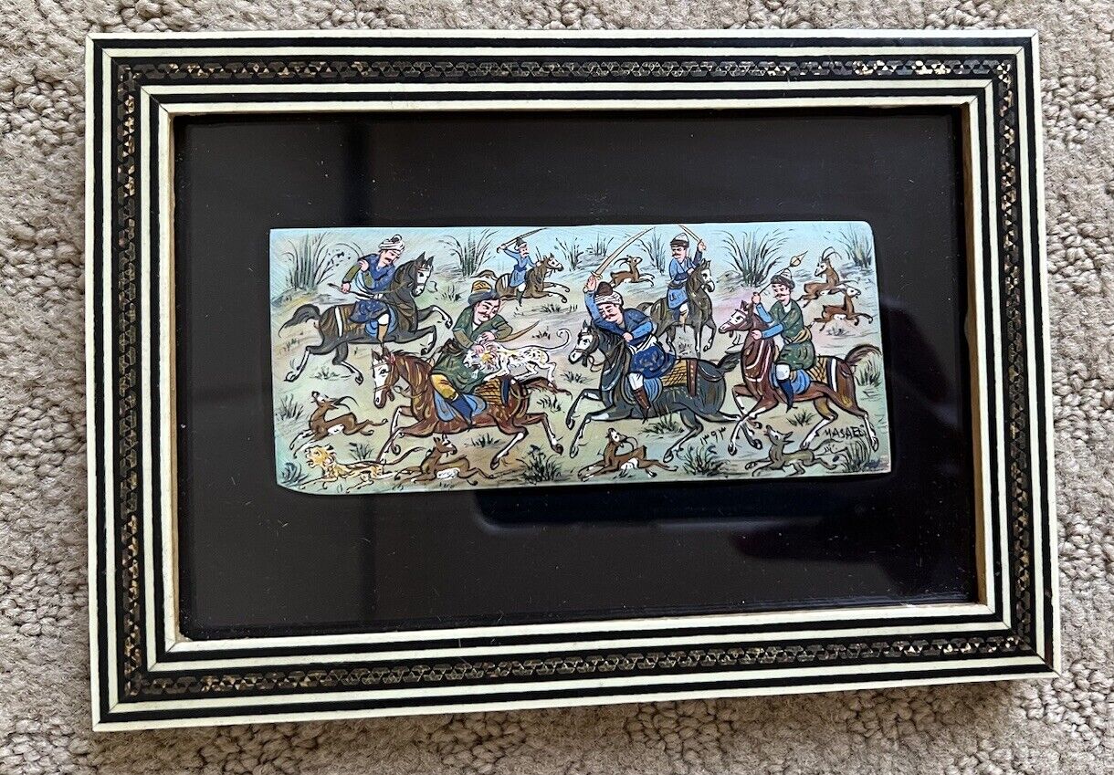 Persian Handcrafted Miniature Painting   in Khatam Frame Hunting Scene Signed
