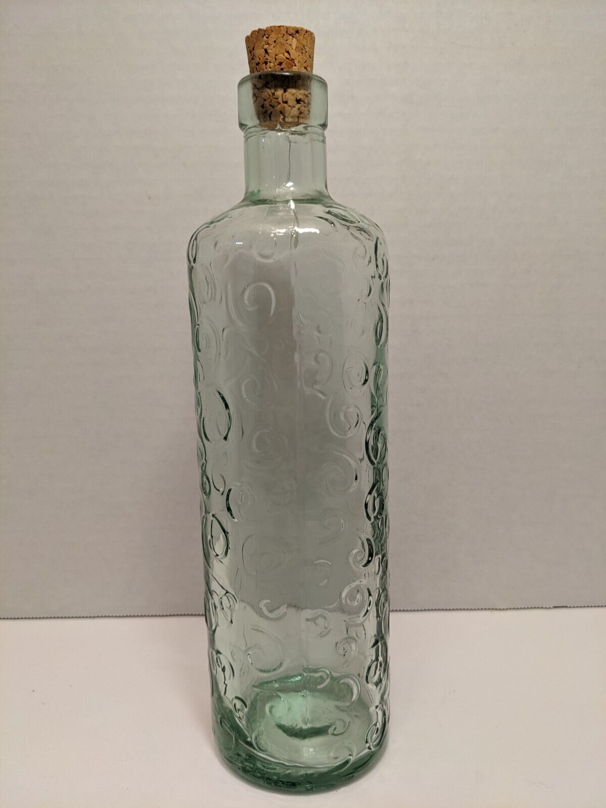 Antique Vintage Green Glass Bottle with cork Decorative Embossed Swirl Blue Aqua