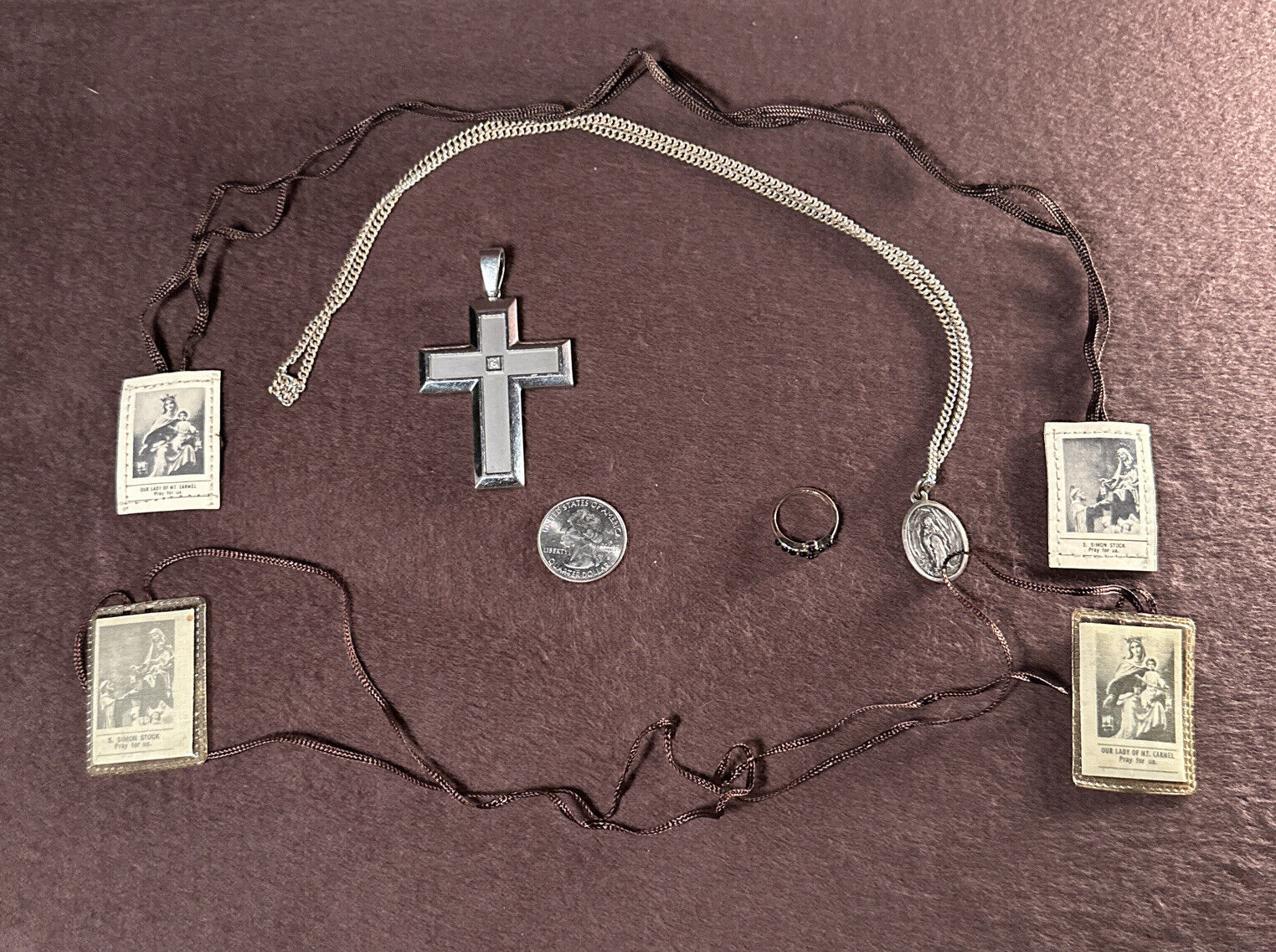 Mixed Lot Of Vintage Catholic Charms Scapulars Cross Ring & Pendant