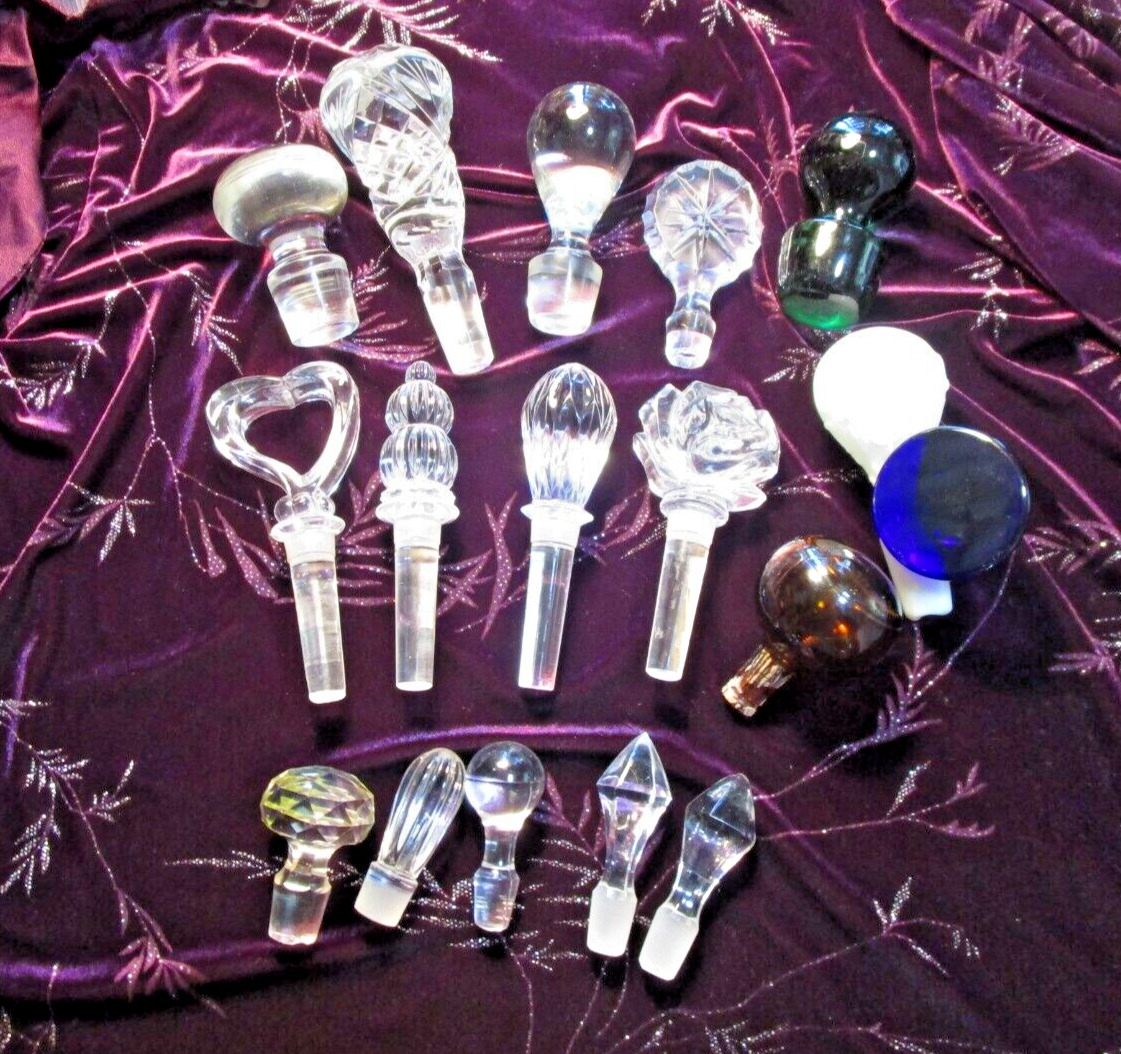 Lot of 17 vintage glass/ crystal decanter/ bottle stoppers