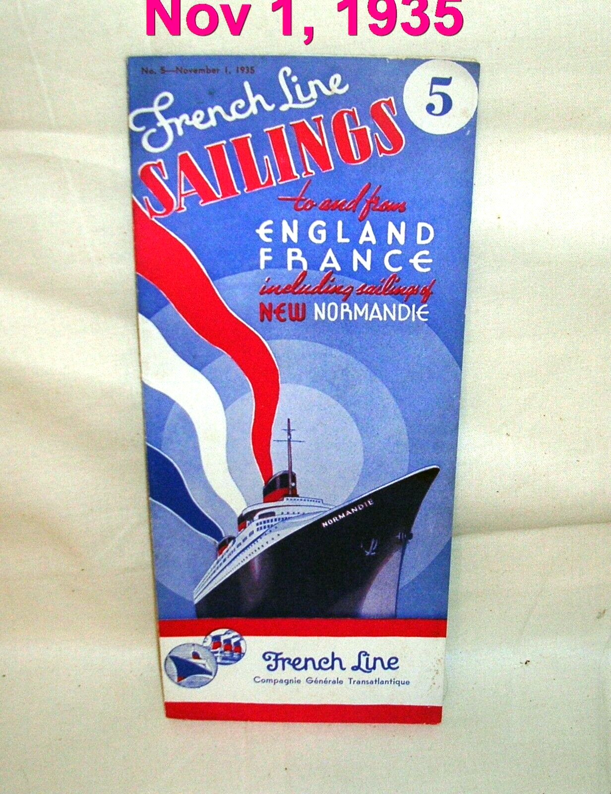 Original 1935 French Line Brochure, to England France, NEW NORMANDIE