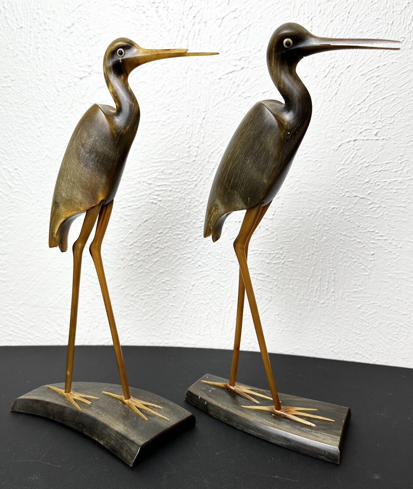 Vtg Pair of Hand Carved Buffalo Horn Birds w Feet Sculptures Brown Yellow  B41