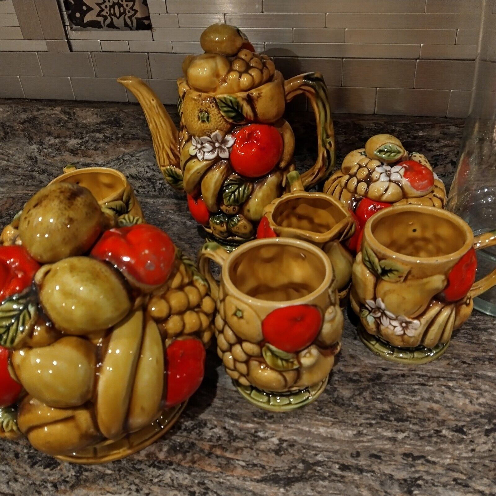 Vintage Inarco Fruit Bowl Series Teapot, Creamer, Sugar, 3 Mugs, Cookie Jar READ