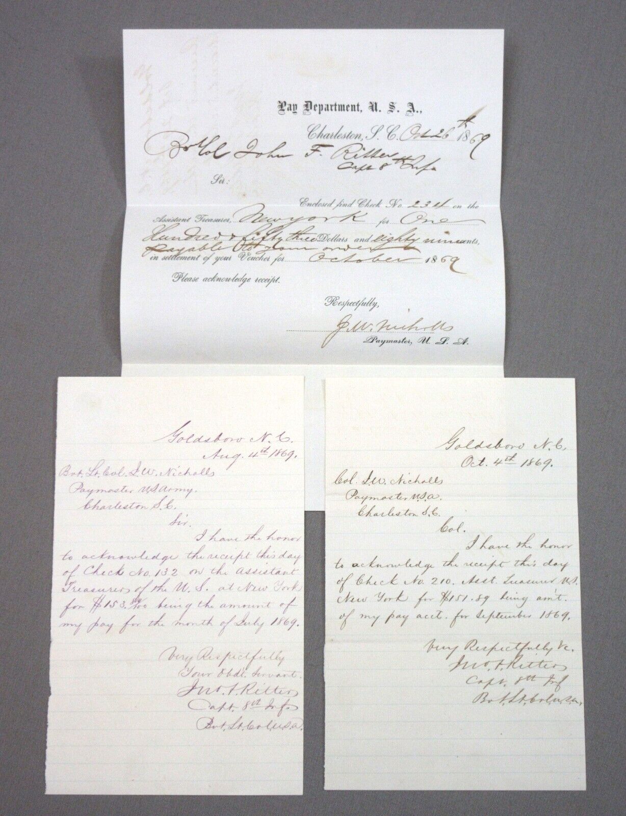 Group of 3 Documents Concerning Pay for Capt. John F. Ritter, 8th U.S. INF.