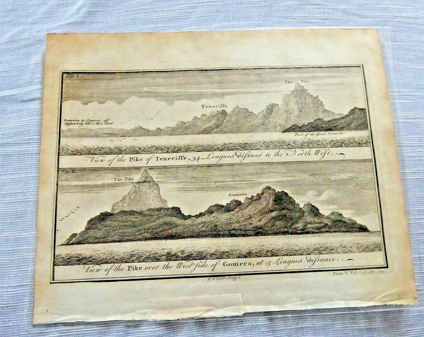 ANTIQUE ORIGINAL PRINT MOUNTAINS TENERIFFE SPAIN GRAND CANARIA GOMERA 1745
