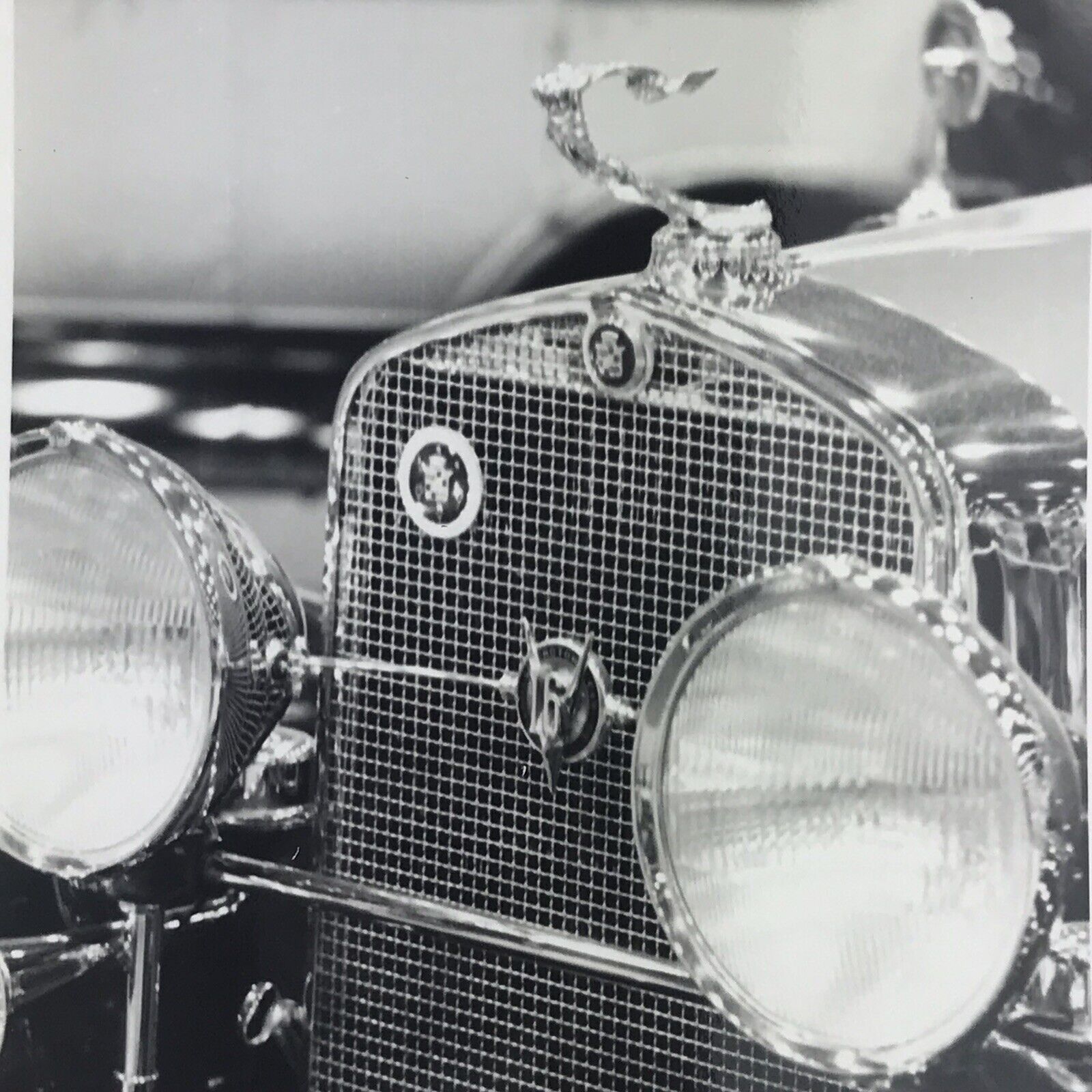Vintage Black and White Photo Cadillac V16 Antique Car Front Grill Hood Ornament