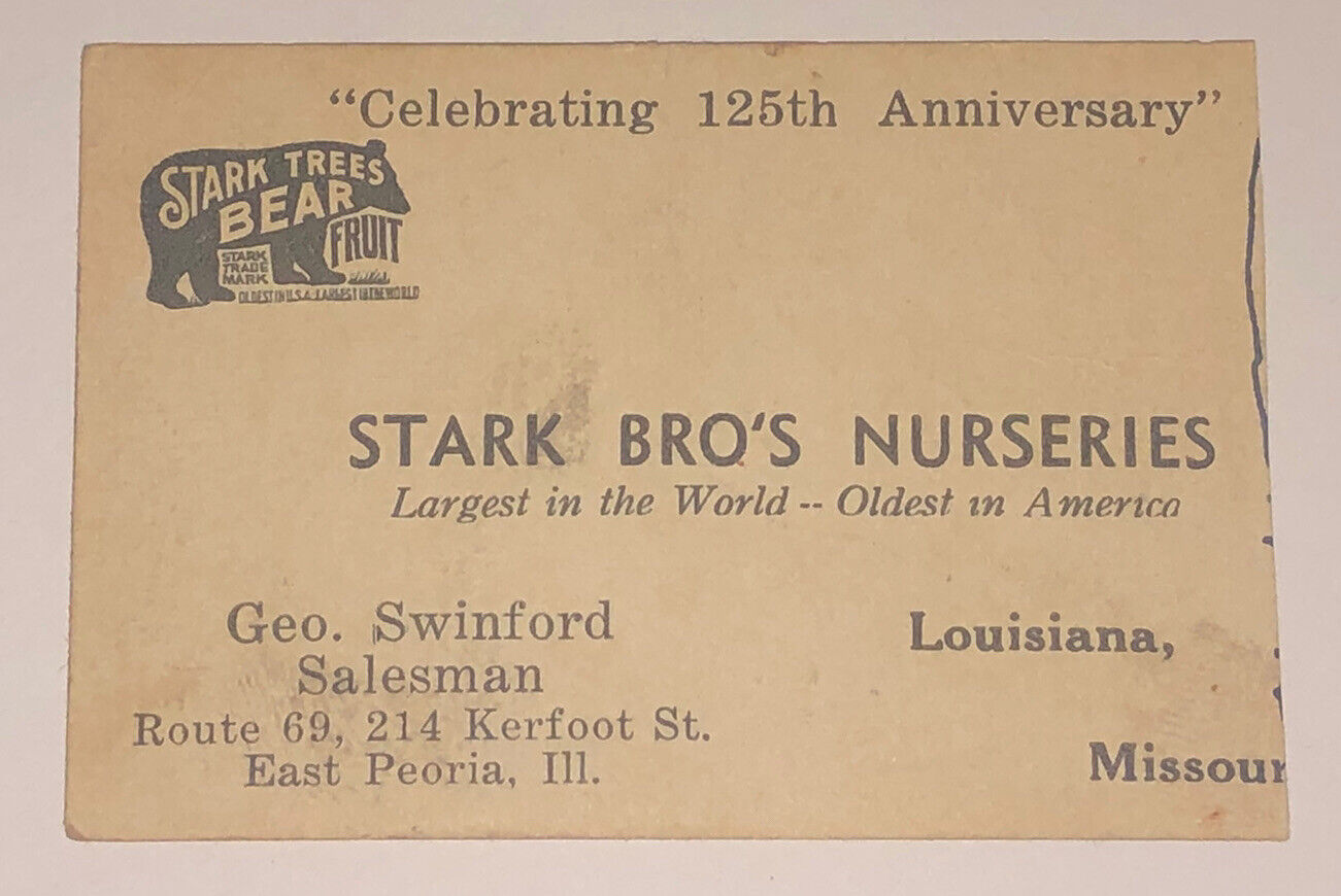 1920s STARK BRO'S NURSERIES OLDEST IN AMERICA EAST PEORIA ILL BUSINESS CARD