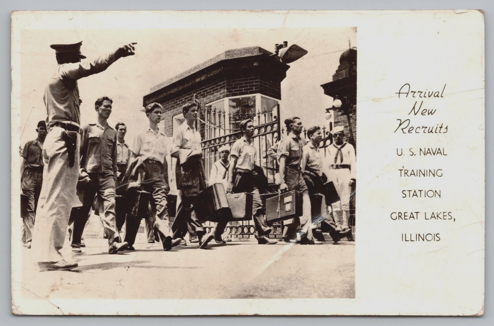 New Recruits Arrive US Naval Training Station Great Lakes IL Postcard RPPC c1943