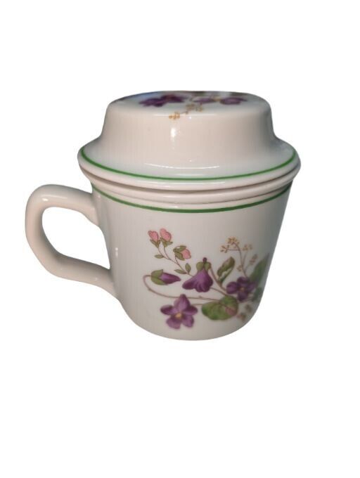 3 Piece Pillivuy France Porcelain Violettes pattern w/strainer & lid Teacup