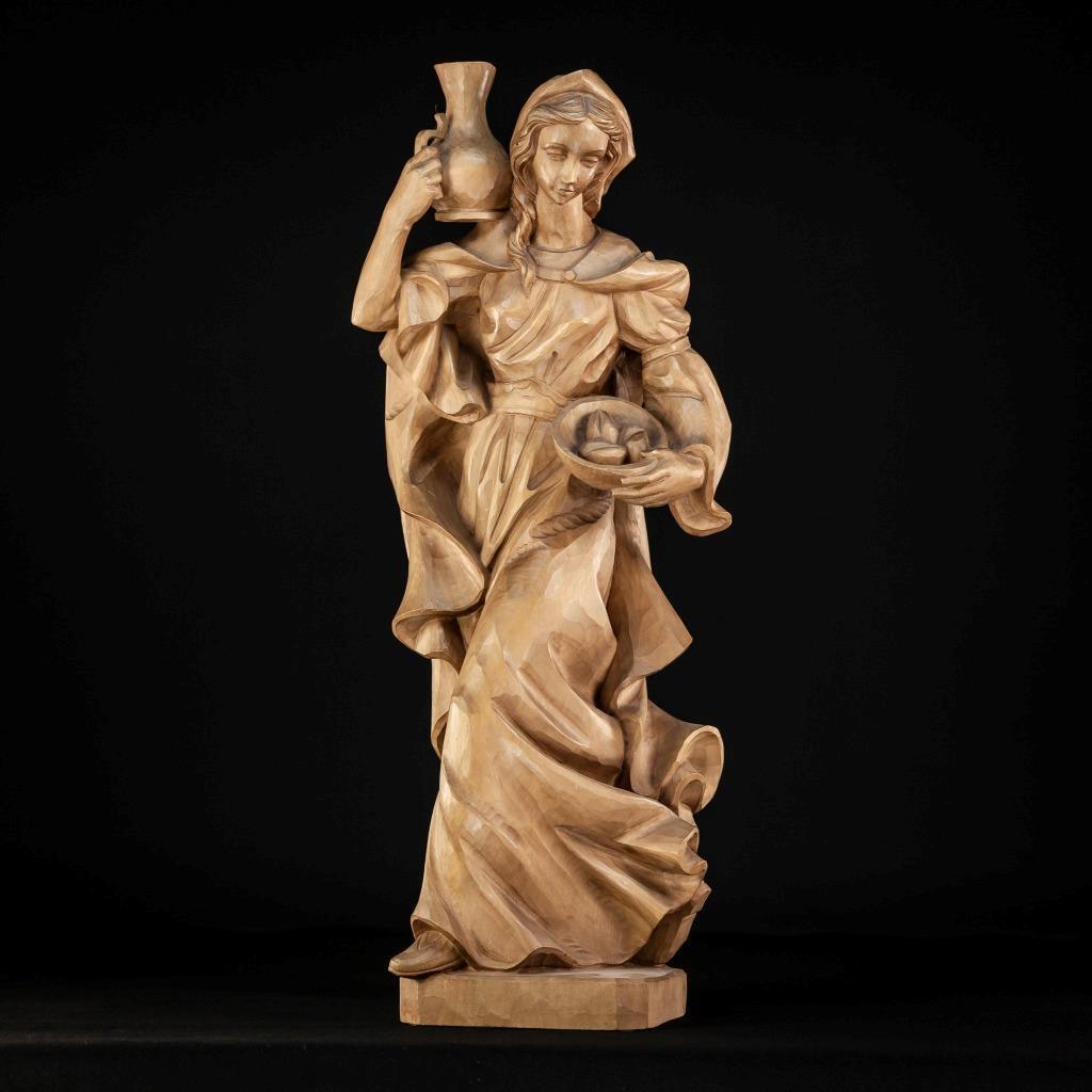 St Elizabeth of Hungary Wooden Sculpture | Vintage Saint Woodwork Statue 24.4” _