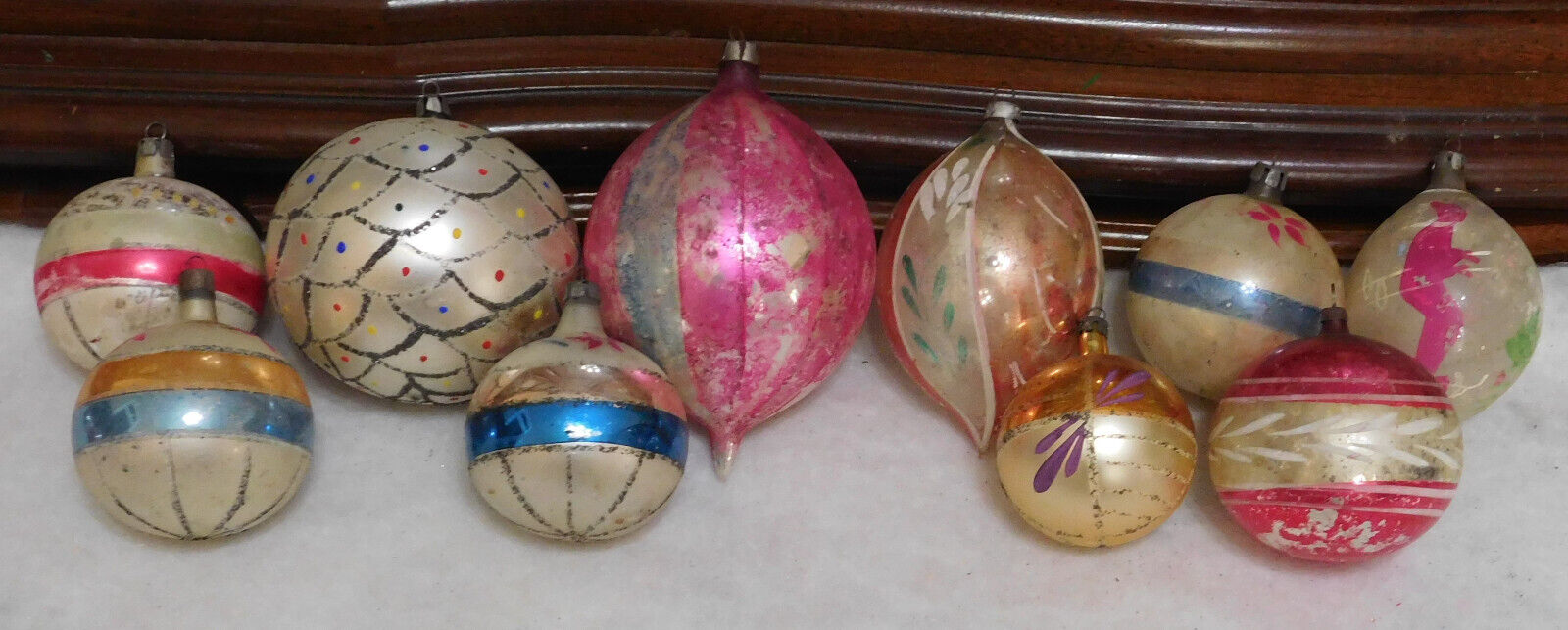 10 Vintage Pre-WWII Hand Painted stenciled Mercury Glass Christmas Ornaments LG