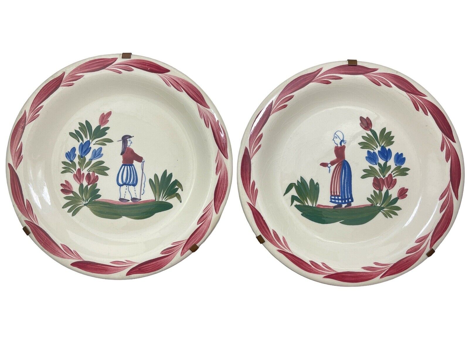 Hand Painted Gien Pottery France Vintage “The Man” and “The Woman” Dinner Plates